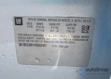 2017 Chevrolet Cruze Ls Auto z USA, uszkodzony, nr VIN 3G1BC5SM1HS562421